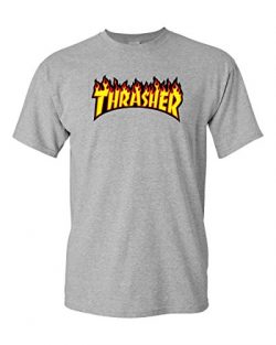 Thrasher T Shirt Short Sleeve Magazine Skateboarding T Shirt Logo Flame Black (3XL, Grey)