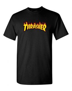 Thrasher T Shirt Short Sleeve Magazine Skateboarding T Shirt Logo Flame Black (M, Black)