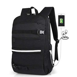16” Skateboard Backpack Travel Anti Theft Laptop School Bag with USB Charging Port & H ...
